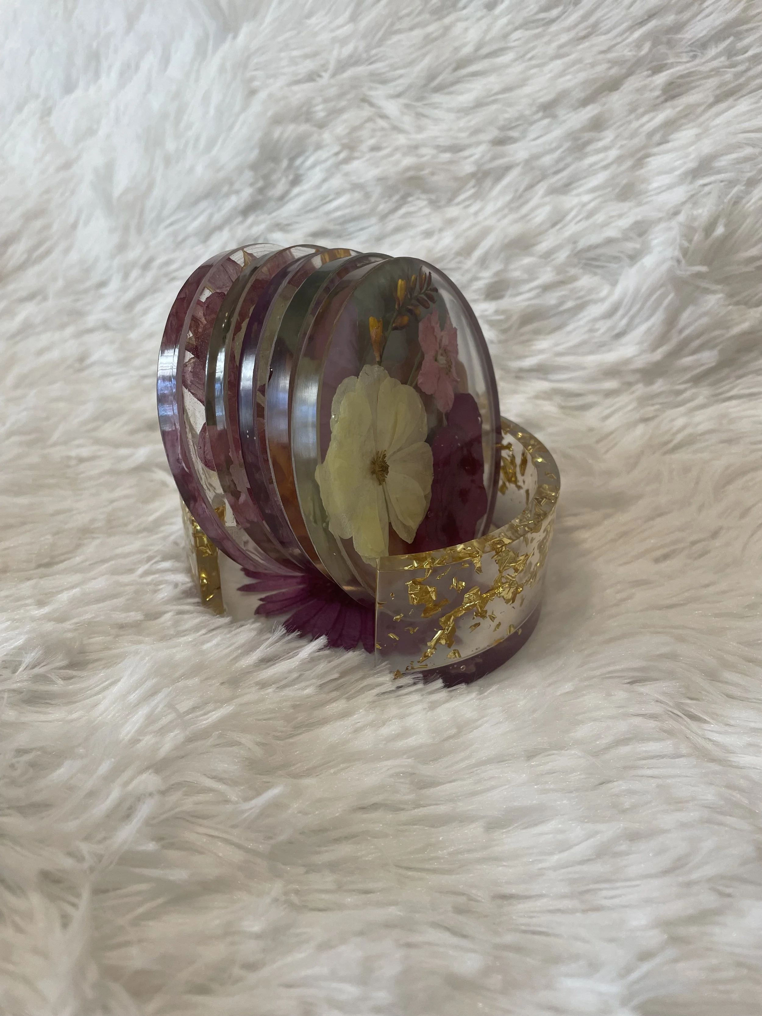 Custom Floral Medium Round Coaster with Holder (Set of 4)