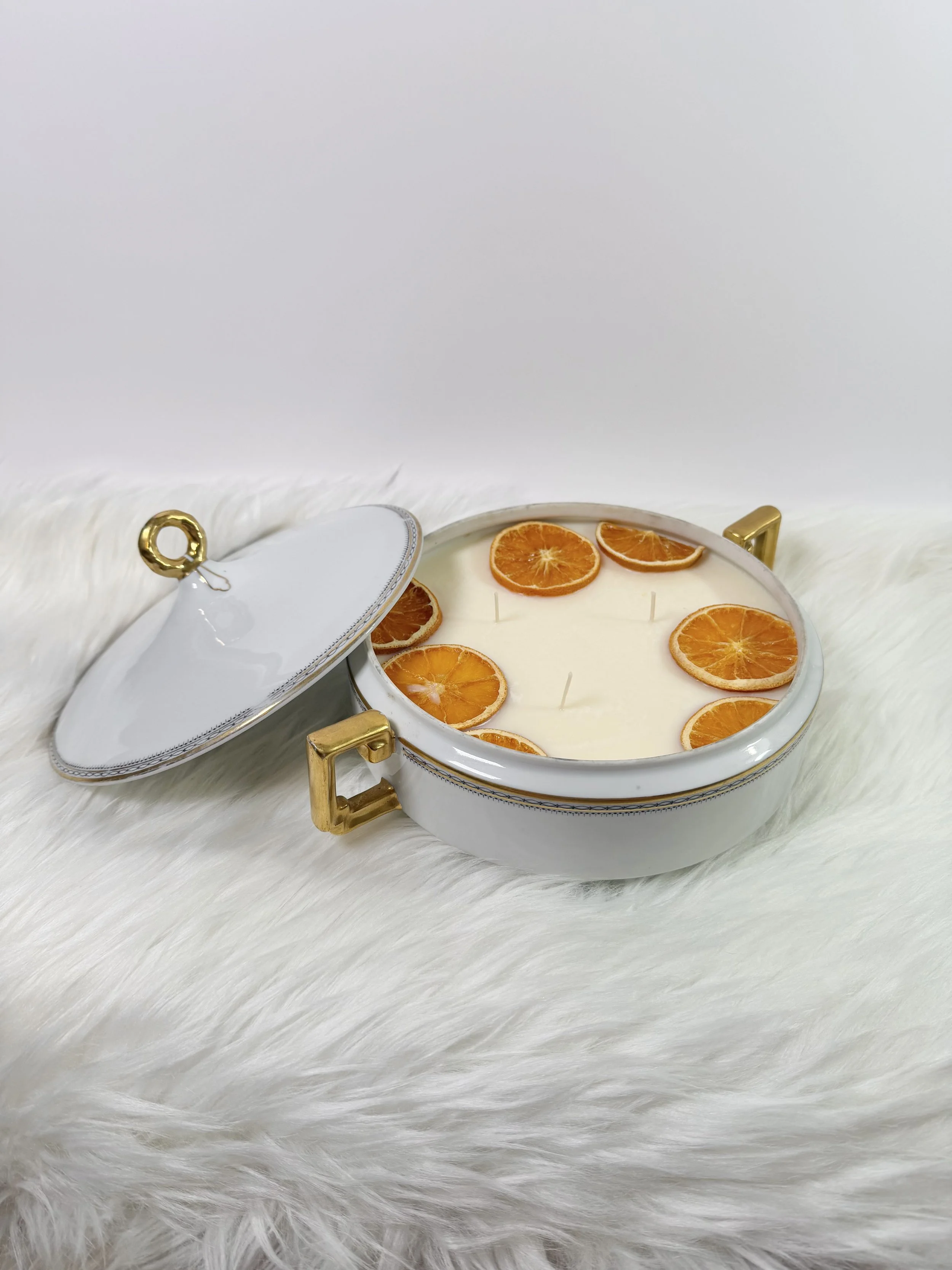 Orange Scented Candle in White and Gold Covered Dish