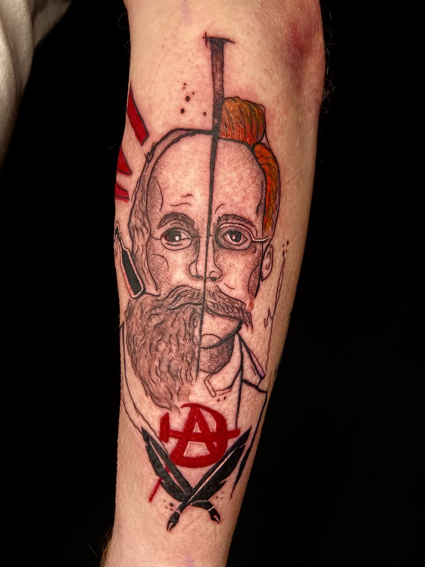 This tattoo is based on Kropotkin and Nietzsche.
Two ground breaking writers who dared to challenge and influence the modern way of thinking. 

Thank you J for these wild ideas and the insightful conversation! Had a blast during this session! 🙏