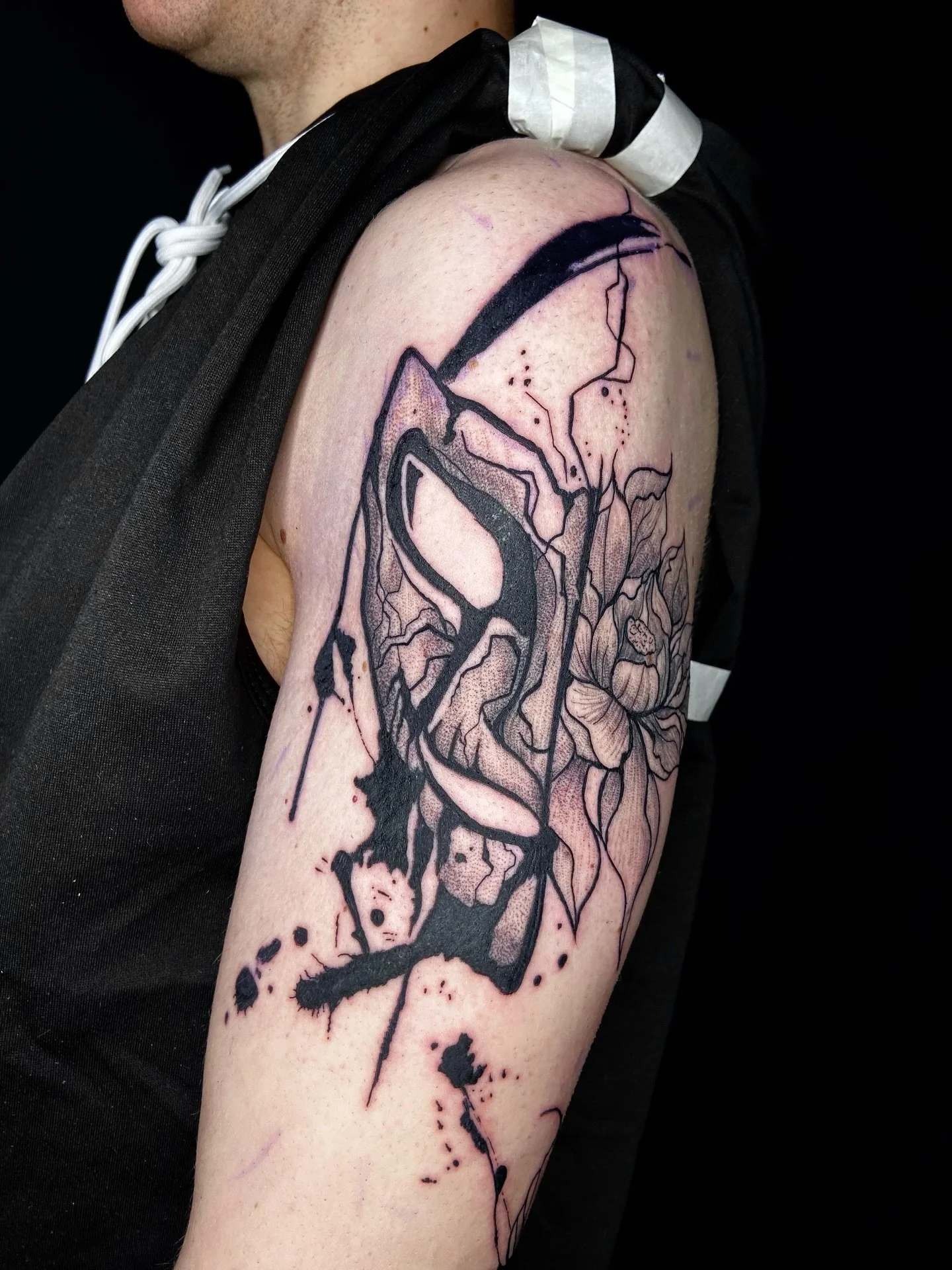 &ldquo;Undebatable theatrics&rdquo; 
Thank you J for the good laughs and for sitting like a freaking rock for this tattoo! 🫡
Can&rsquo;t wait to add more abstract elements to the lower arm!