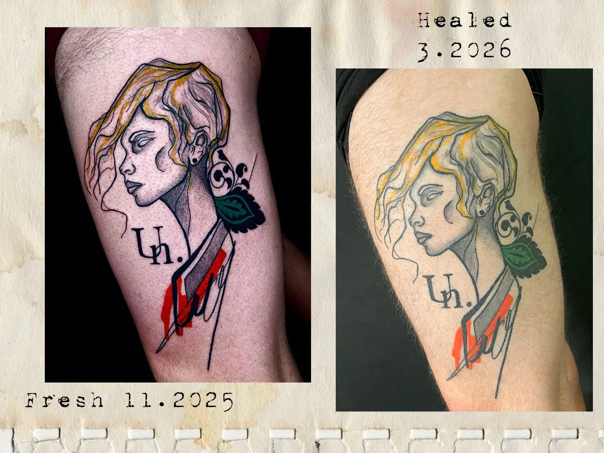 Fresh versus healed photos of persons face with ornamental elements and a pop of color