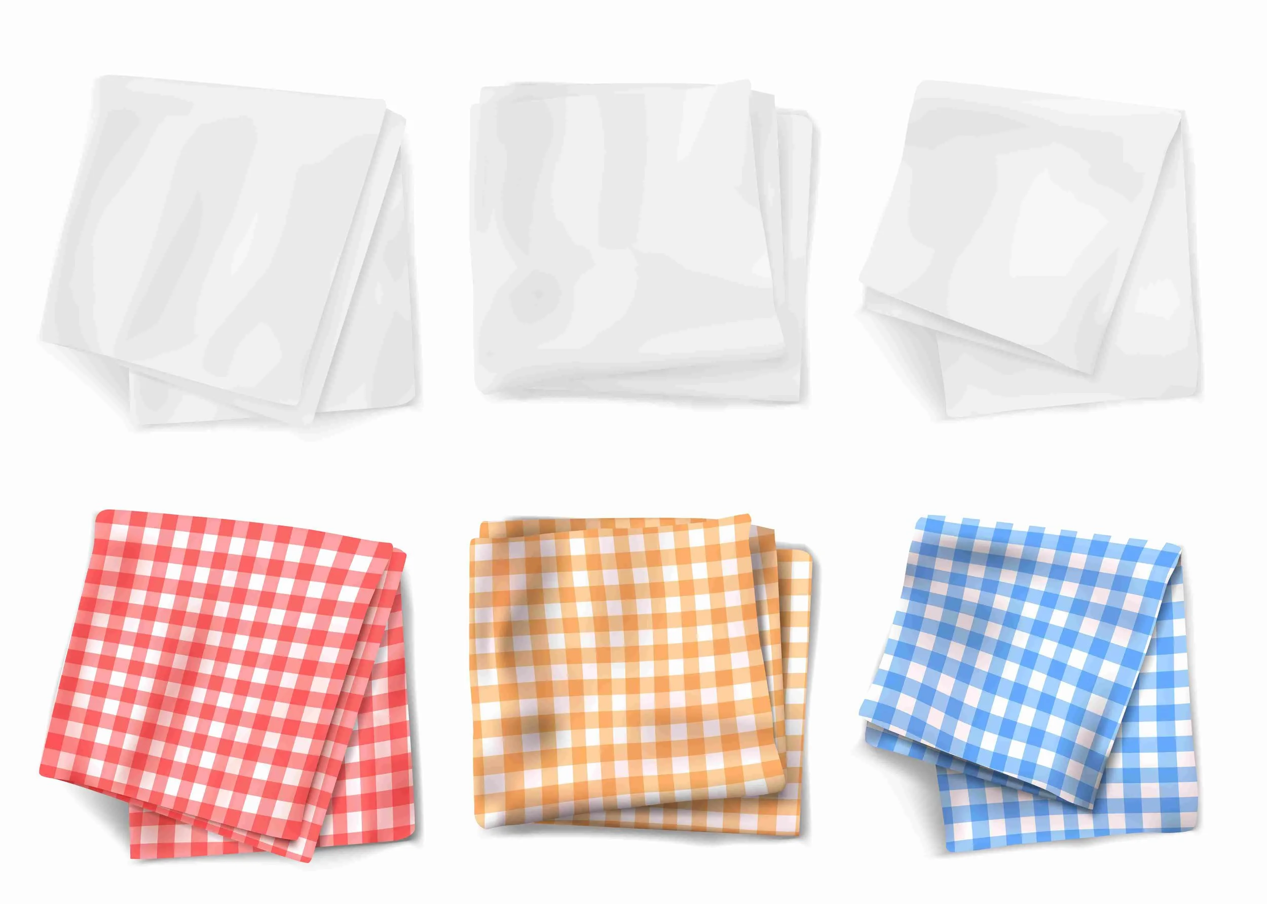 Three stacks of square napkins with checkered patterns in red, orange, and blue, placed on a white surface with white paper towels in the background.