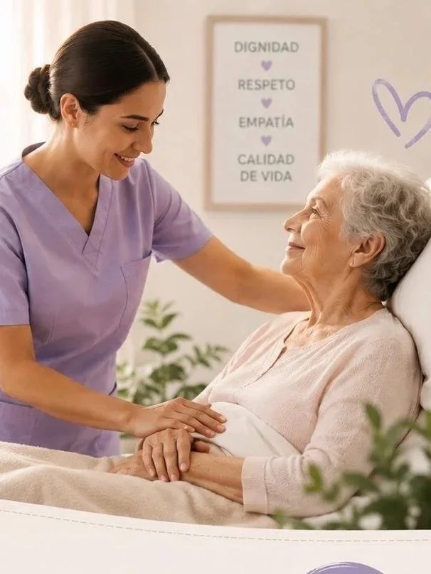 Una enfermera sonriente ayuda a una anciana en una cama de hospital, sosteniendo sus manos con cariño. En el fondo, un cartel con palabras como dignidad, respeto, empatía y calidad de vida.