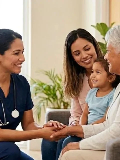 Médica en consulta con una familia de tres personas en una clínica o consultorio.