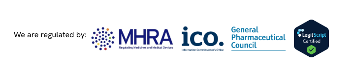Logos of MHRA, ICO, General Pharmaceutical Council, and LegitScript Certified on a white background.