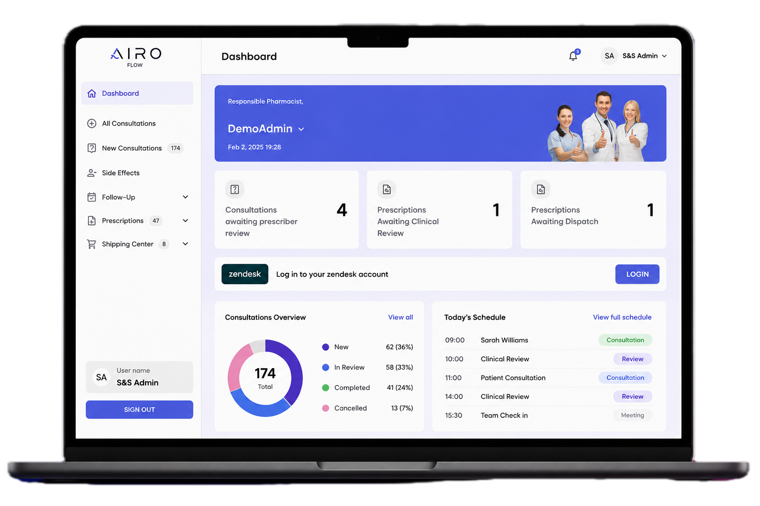 Laptop screen displaying a healthcare management dashboard with navigation menu, schedule, and patient consultation stats, including doctors and staff in the header.