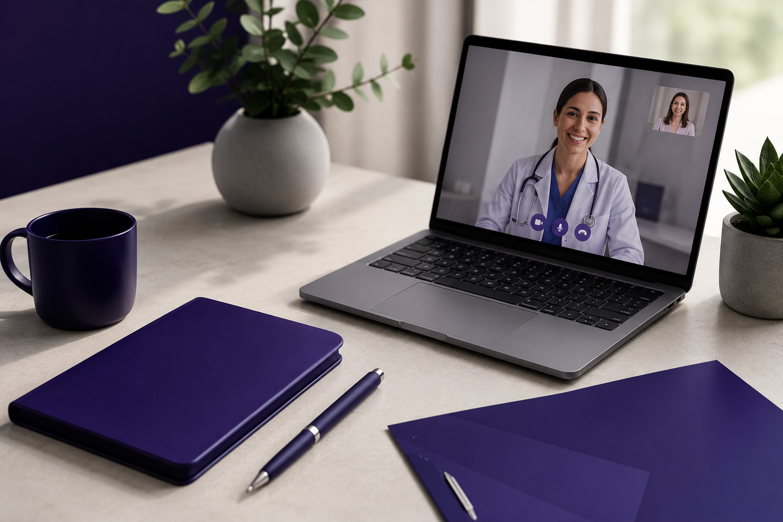 A laptop on a desk displaying a video call with a female doctor. The desk has a purple notebook, a purple mug, a pen, and two purple folders. There are two potted plants, one large and one small, on the desk.