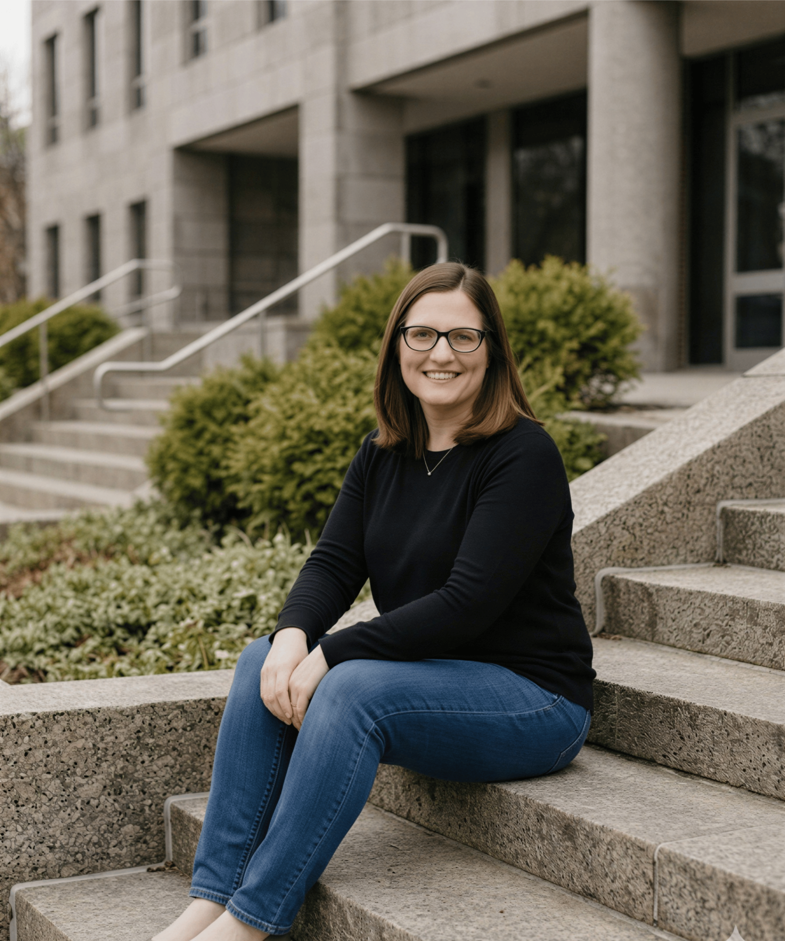 A young woman with brown hair and glasses sitting on outdoor stairs in front of a modern building, smiling at the camera.