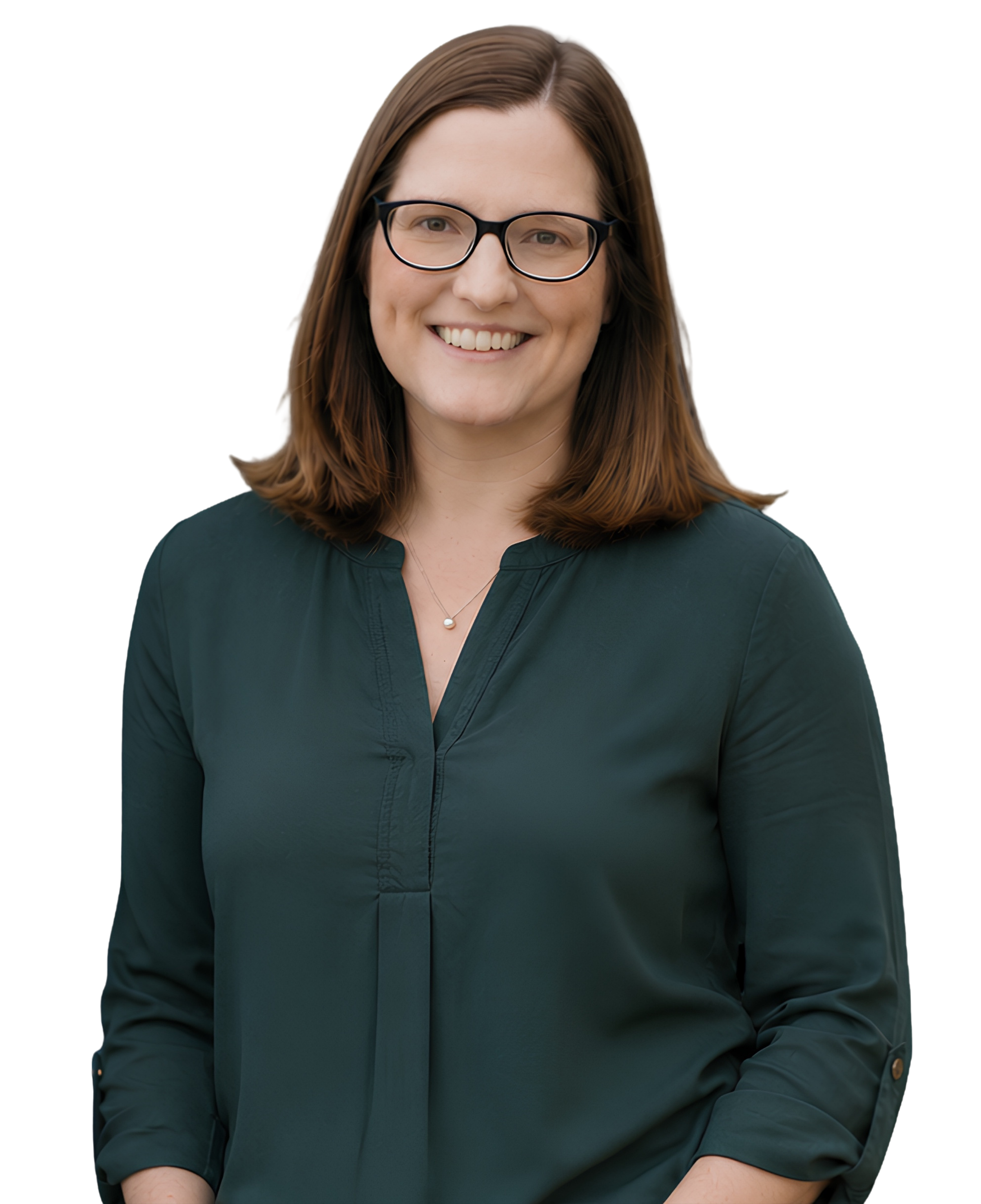 A woman with shoulder-length brown hair, wearing glasses and a dark green blouse, smiling at camera.
