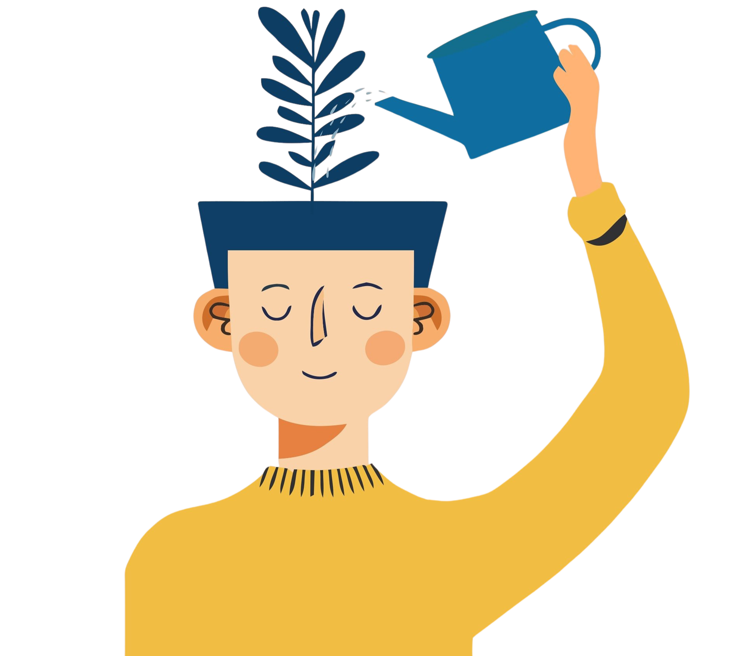 A cartoon person with blue hair and a yellow sweater watering a potted plant with a watering can