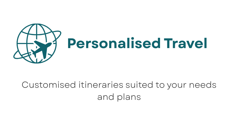 Logo with an airplane flying around a globe and the text "Personalised Travel" and a subtitle "Customised itineraries suited to your needs and plans".