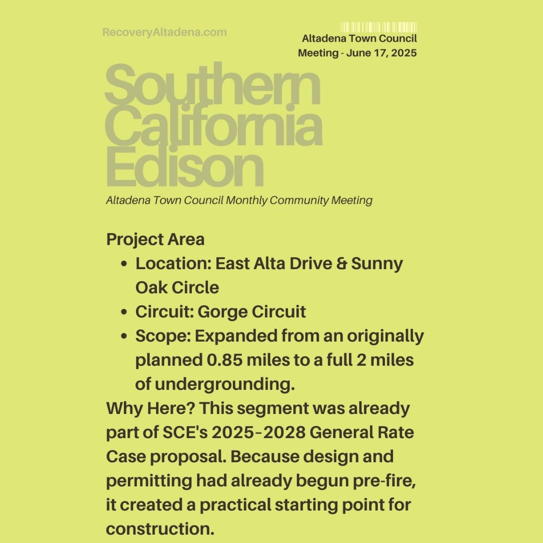 #Undergrounding Update (SCE) &ndash; Expanded Overview
🔧 Project Area
Location: East Alta Drive &amp; Sunny Oak Circle

Circuit: Gorge Circuit

Scope: Expanded from an originally planned 0.85 miles to a full 2 miles of undergrounding.

Why Here? Thi