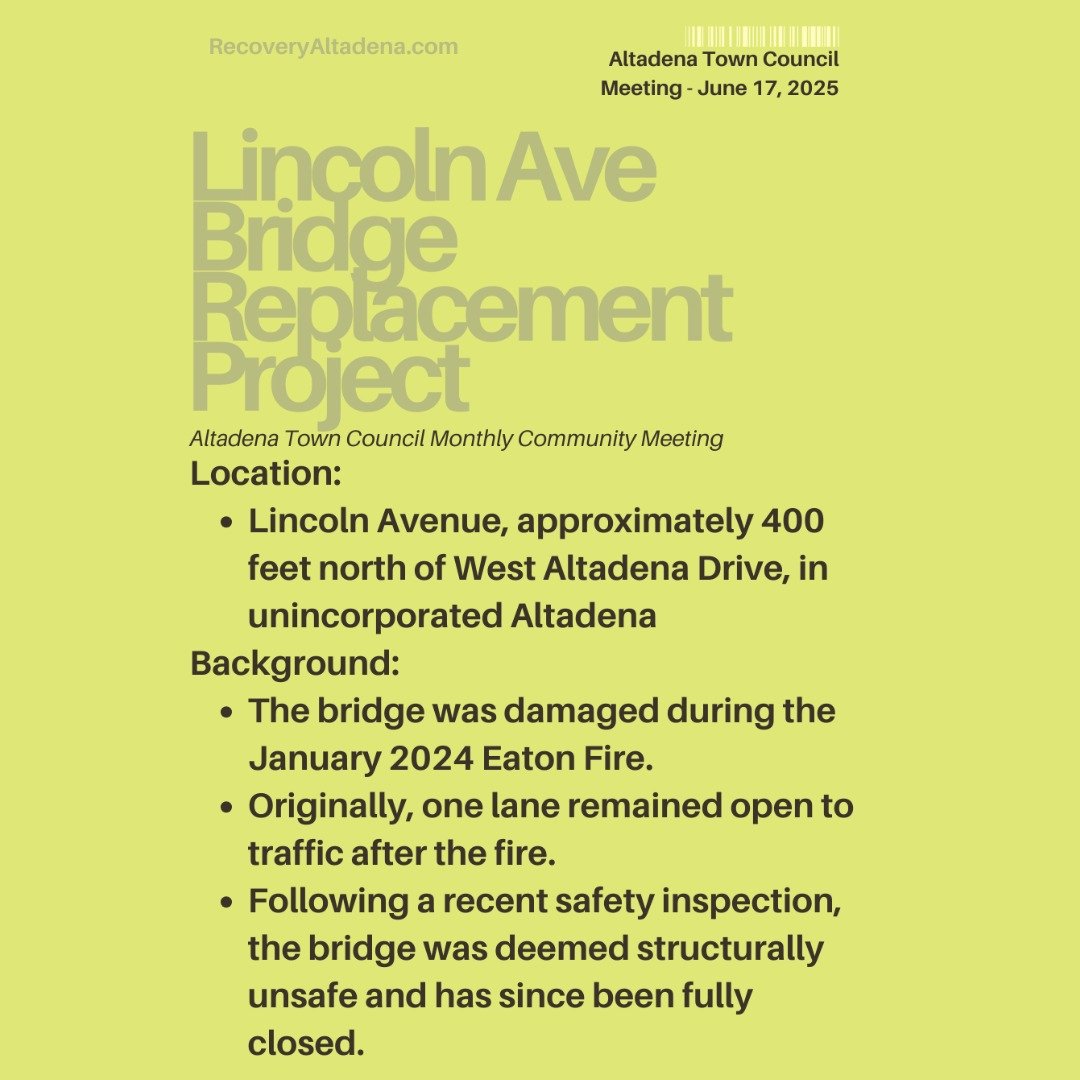 Lincoln Avenue Bridge Replacement Project

LA County Department of Public Works

📍 Location:
#Lincoln Avenue, approximately 400 feet north of West #Altadena Drive, in #unincorporated Altadena

Background:
The #bridge was damaged during the January 2