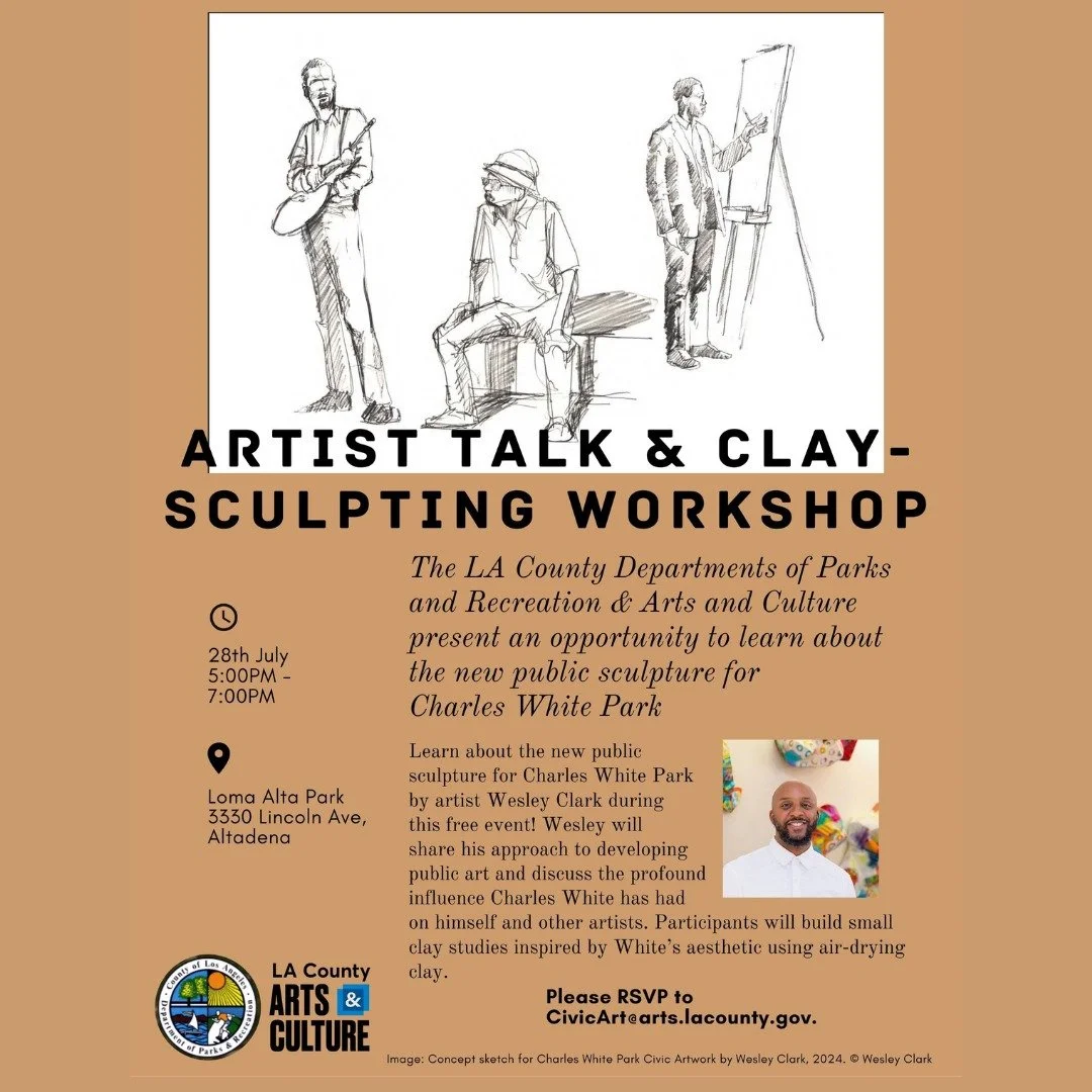 Artist Talk and Clay Sculpting Workshop happening this Monday (July 28th) evening in #Altadena&mdash;open to all ages! 

Come learn about the #legacy of legendary #artist Charles White through the lens of #contemporary artist Wesley Clark. His #sculp