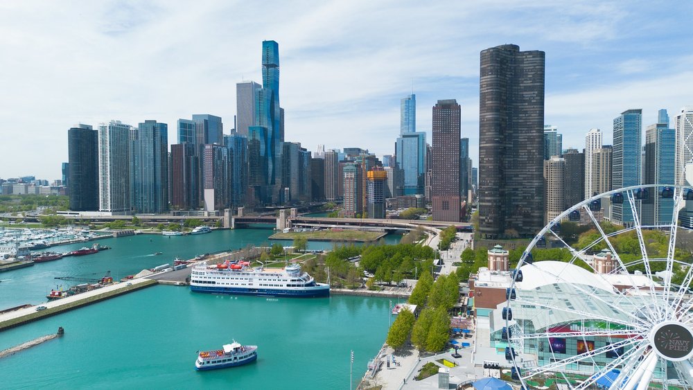 Expedition cruise ship near Chicago on the Great Lakes