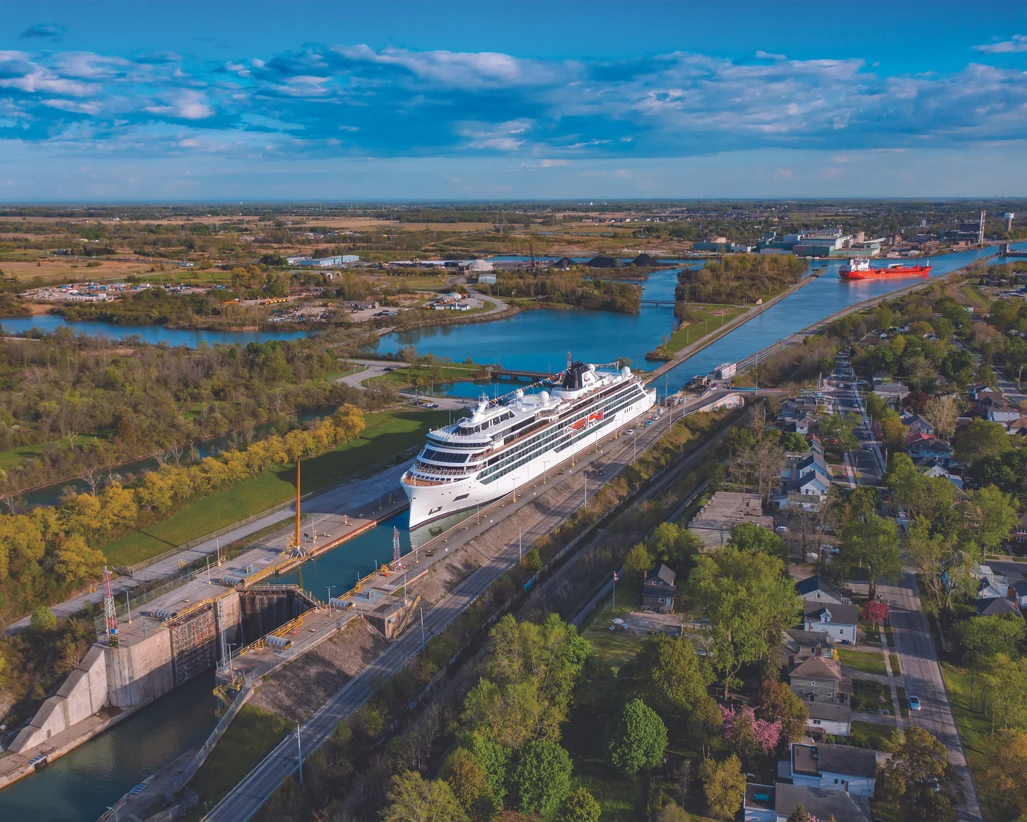 Expedition ship transiting the Welland Canal during a Great Lakes cruise
