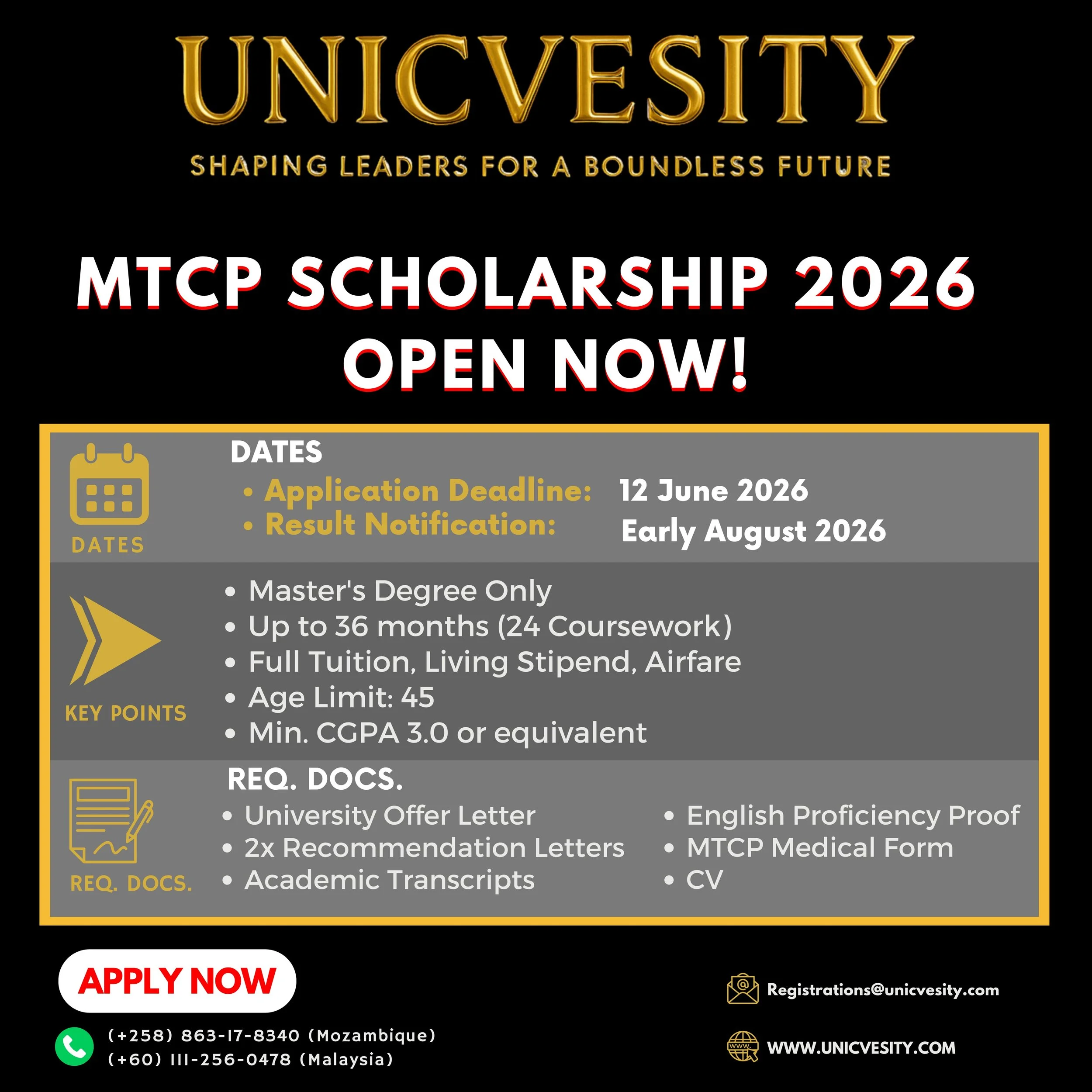 MTCP SCHOLARSHIP 2026 IS NOW OPEN! 

Dreaming of pursuing your Master&rsquo;s Degree in Malaysia? The Malaysian Technical Cooperation Programme (MTCP) Scholarship 2026 is officially open for applications, and Unicvesity is here to help you secure you