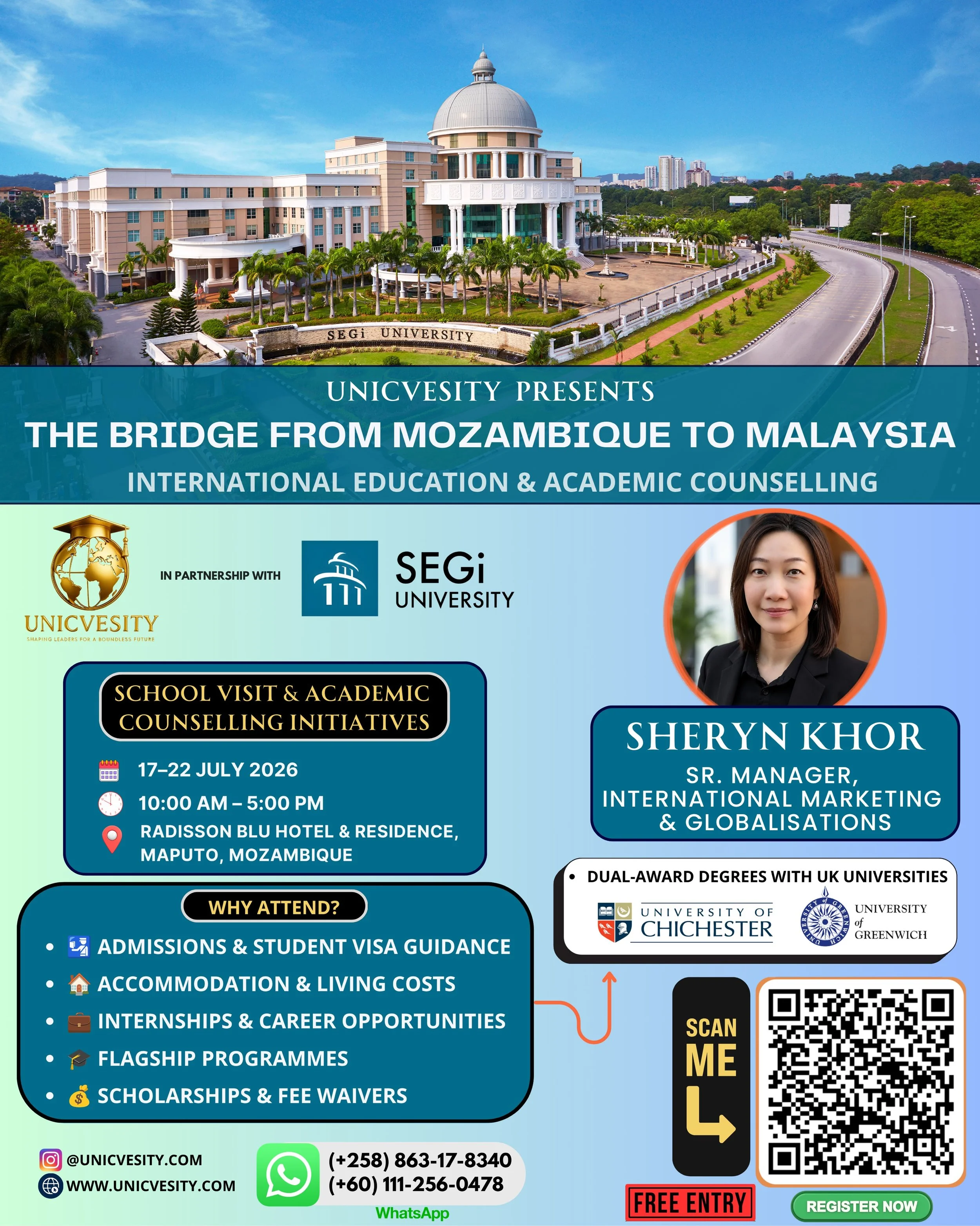 Ready to take your education to a global level? UNICVESITY, in partnership with SEGi University, is coming to Maputo! Get expert insights on dual-award UK degrees, student visas, scholarships, and what it&rsquo;s really like to live and study in Mala