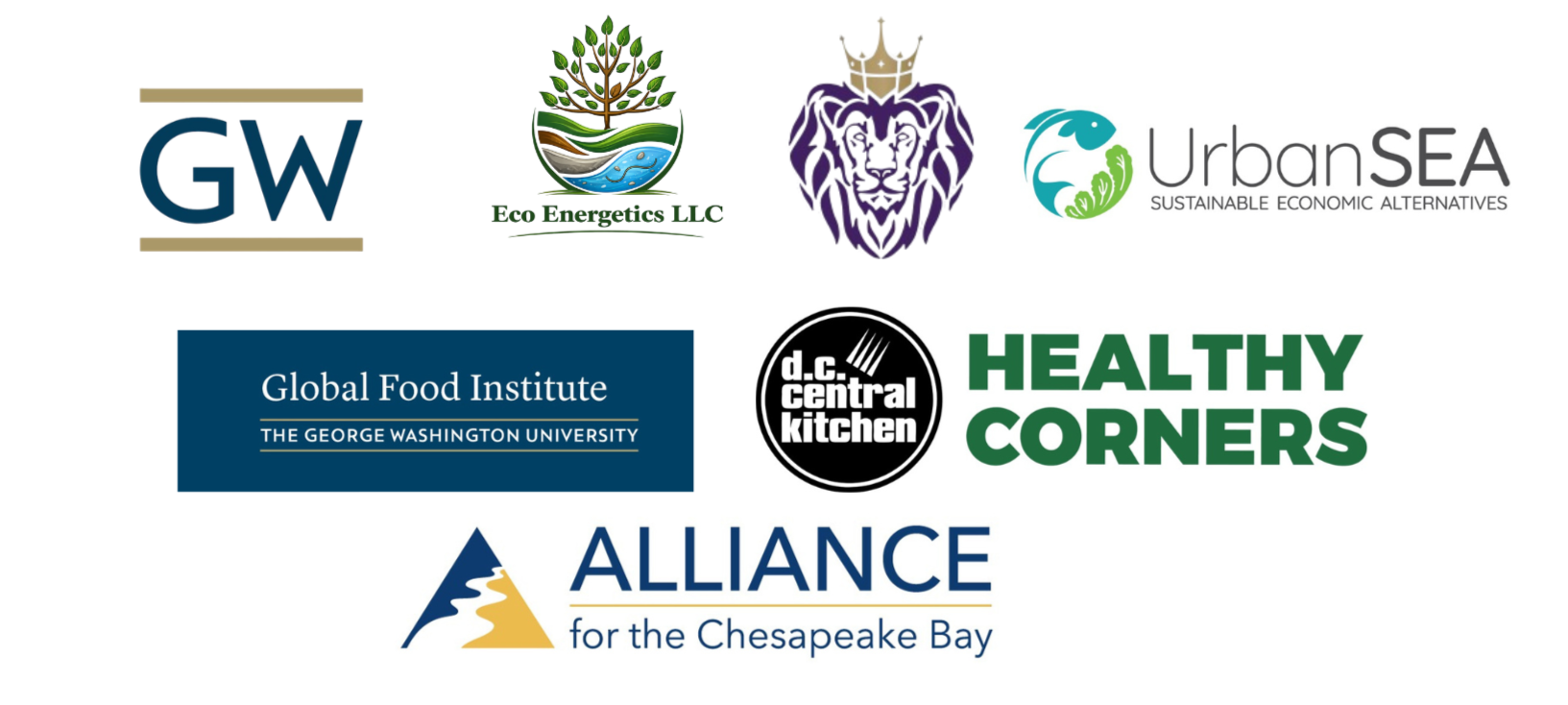 Collection of various organization logos, including GW, Eco Energetics LLC, a lion with a crown, UrbanSea, Global Food Institute, d.c. central kitchen, Healthy Corners, and Alliance for the Chesapeake Bay.