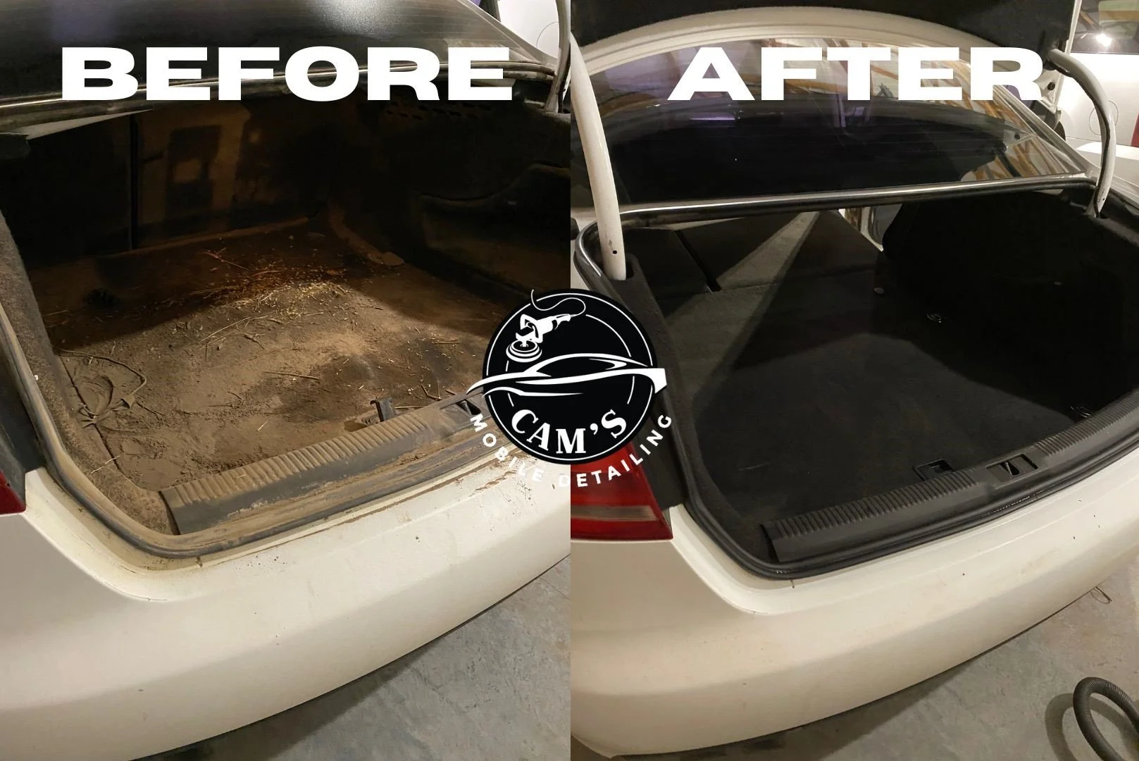 Comparison of car trunk interior: before cleaning shows dirt and debris, after cleaning appears clean and restored.