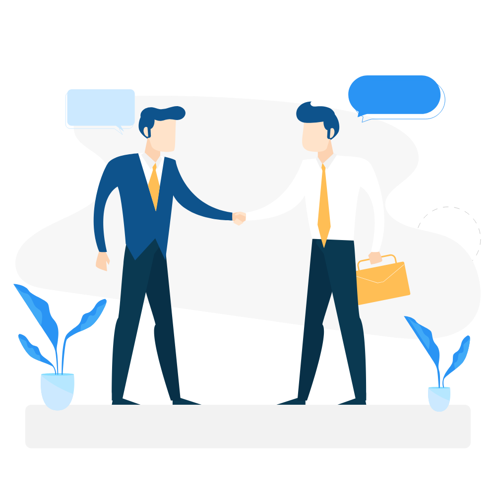 Two men in business suits shaking hands, one holding a briefcase, with speech bubbles above their heads, on a stage with potted plants, symbolizing a business agreement or deal.