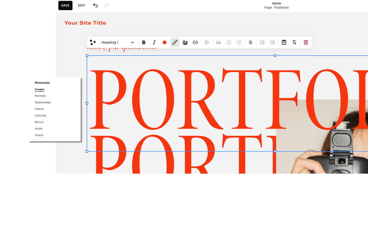 Screenshot of a website editor with a large red text heading that says "PORTFOLIO" and a partial image of a person holding a camera on the right side.