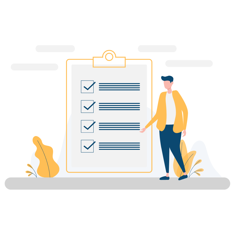 Illustration of a man standing next to a large clipboard with a checklist, with checkmarks next to each item, outdoors with plants and clouds.