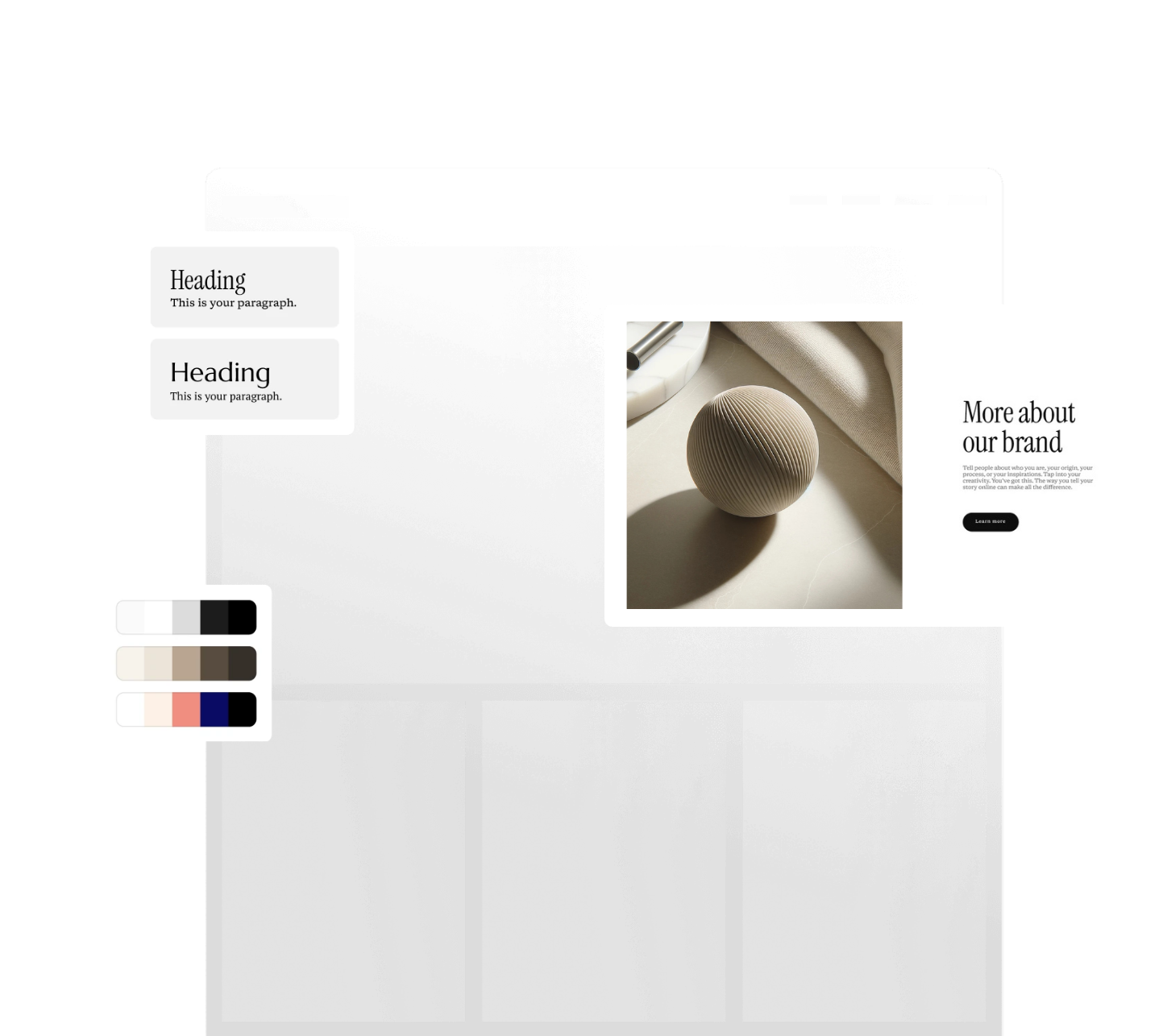 A website design mockup featuring a central image of a textured beige ball, with surrounding placeholder text and color palette, on a grey and white interface.
