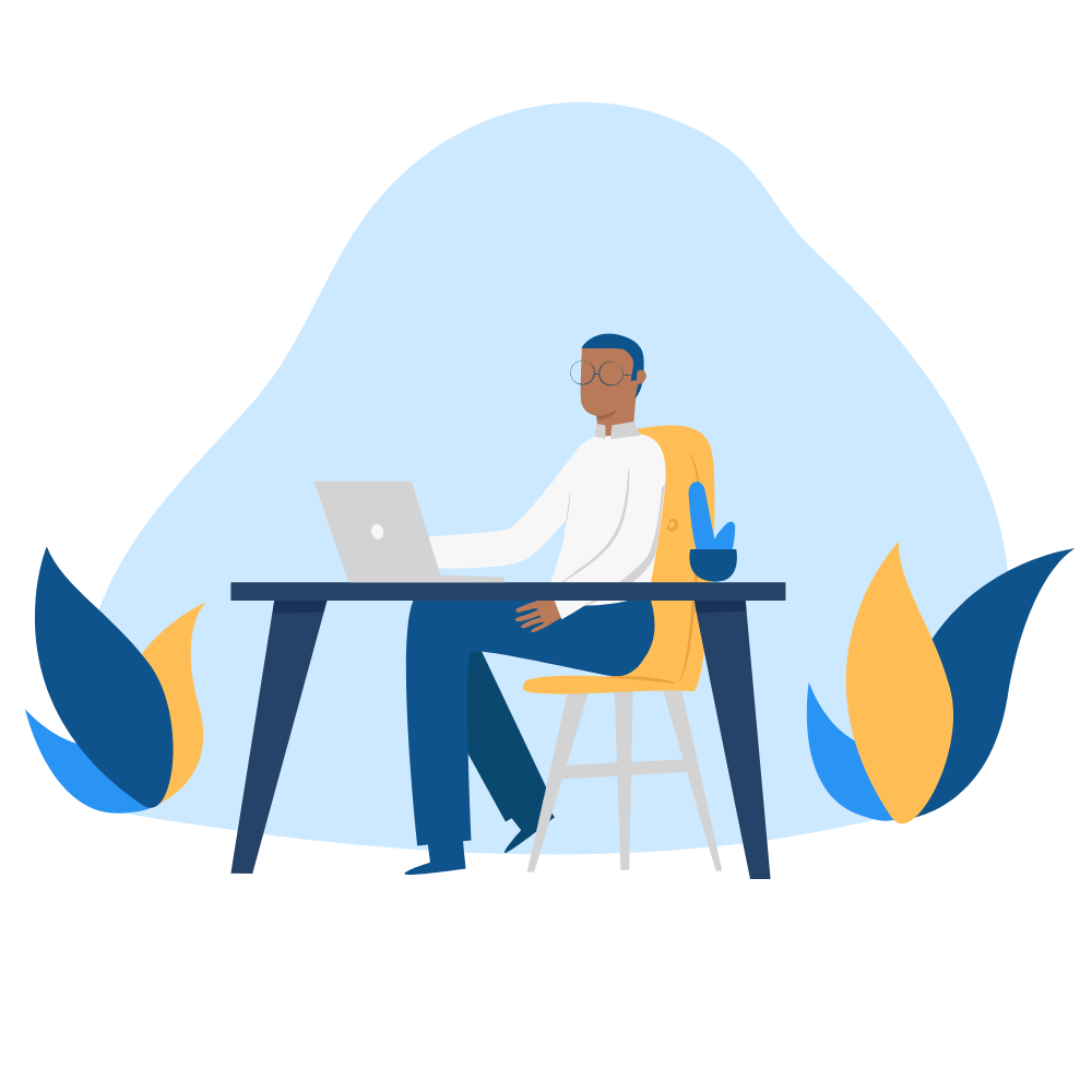 Illustration of a man sitting at a desk using a laptop, with stylized plants surrounding him.