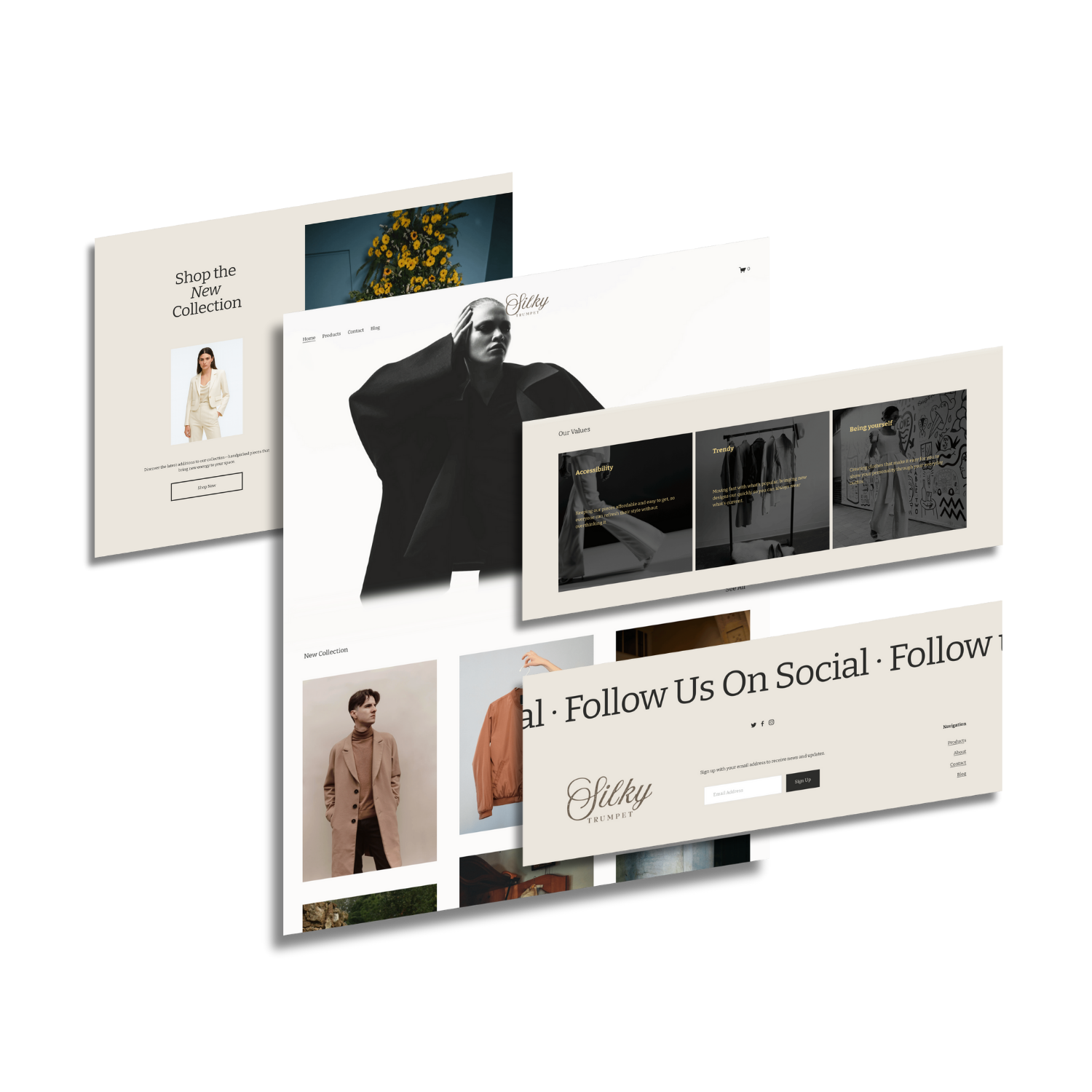 Collage of three overlapping fashion website sections featuring models, clothing, and social media follow prompts.