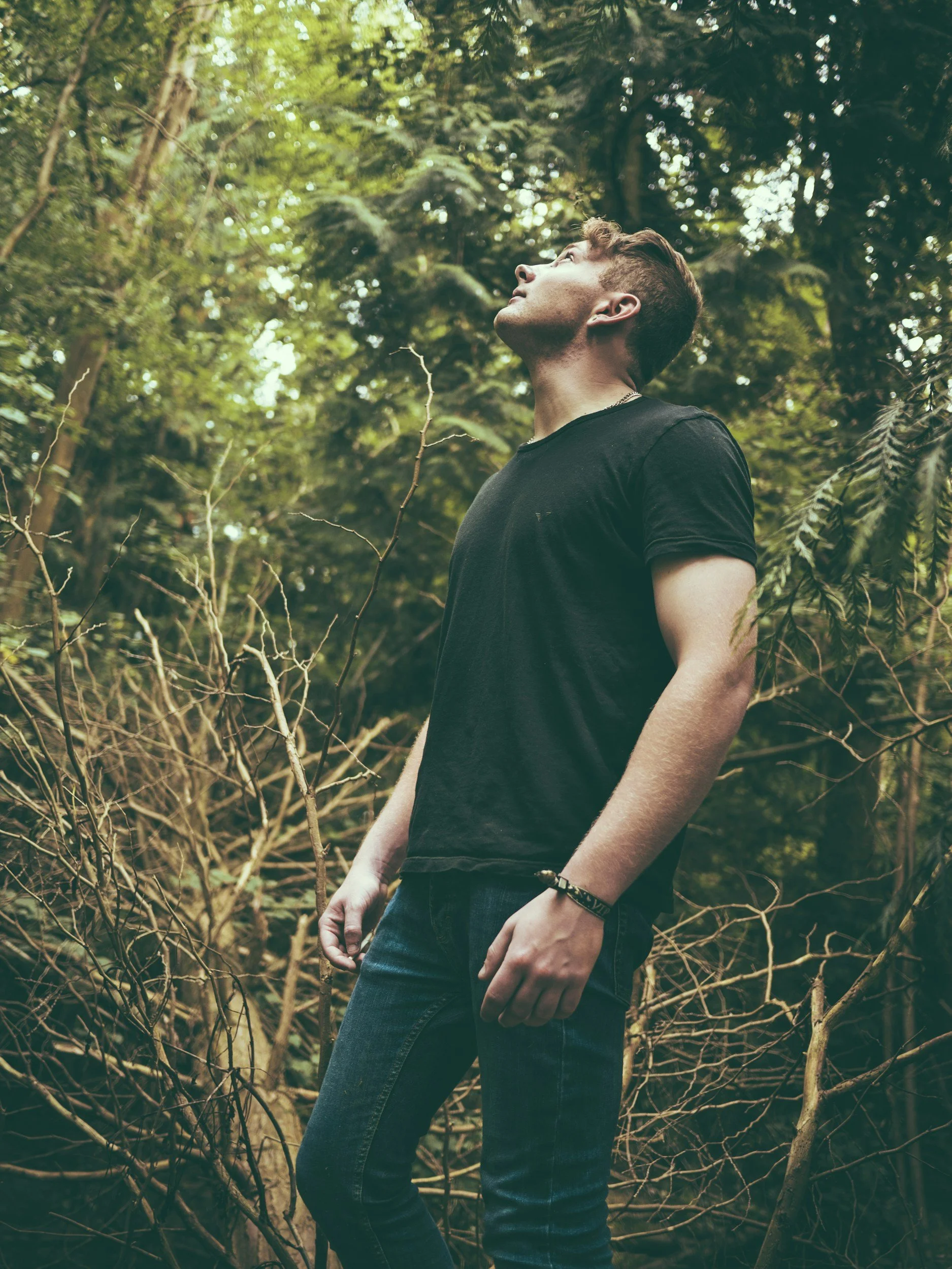 A young man in a black t-shirt and jeans standing in a dense forest, looking upwards.