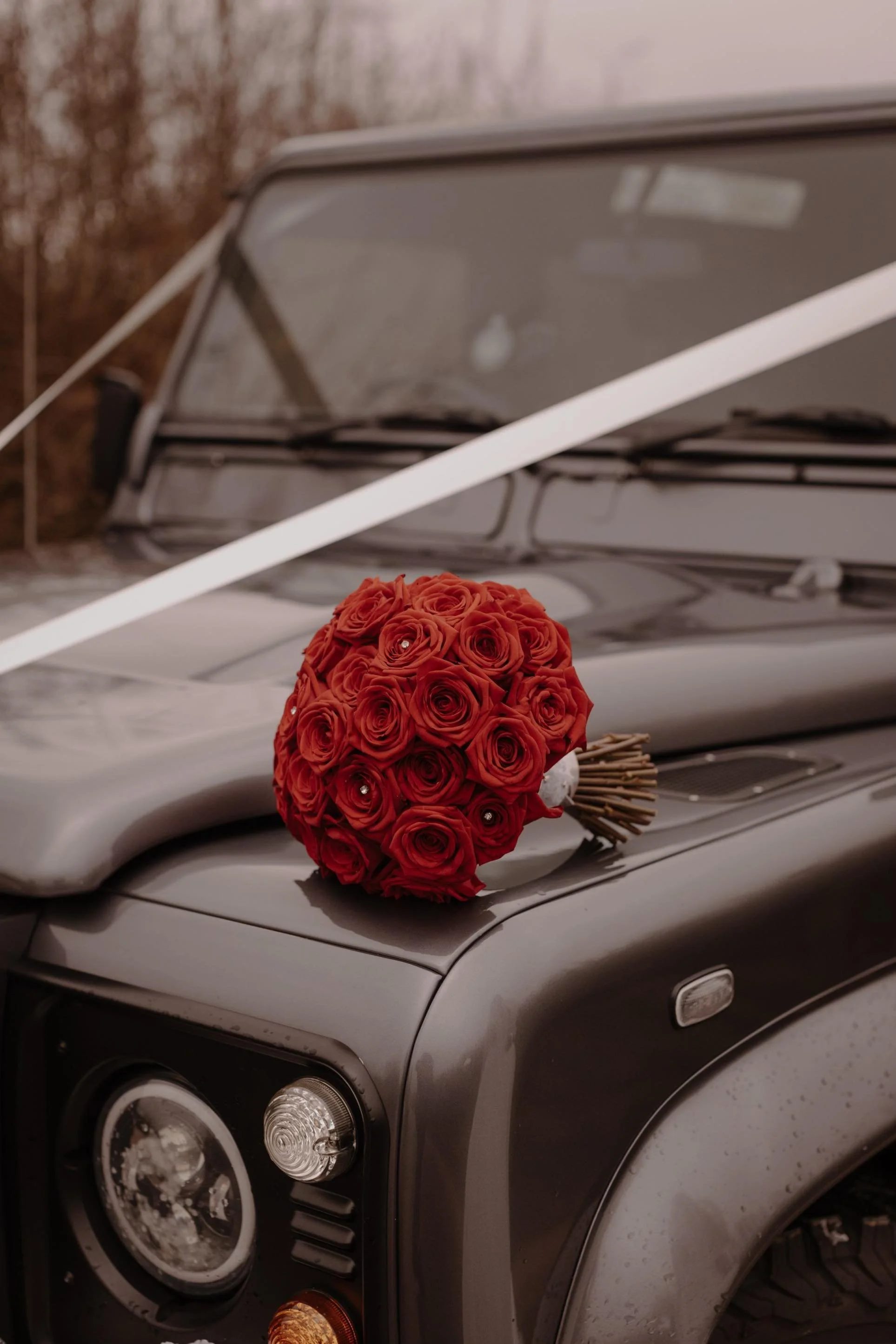 A bouquet of red roses with small decorative gems on a black vehicle hood, with a white ribbon across the image.