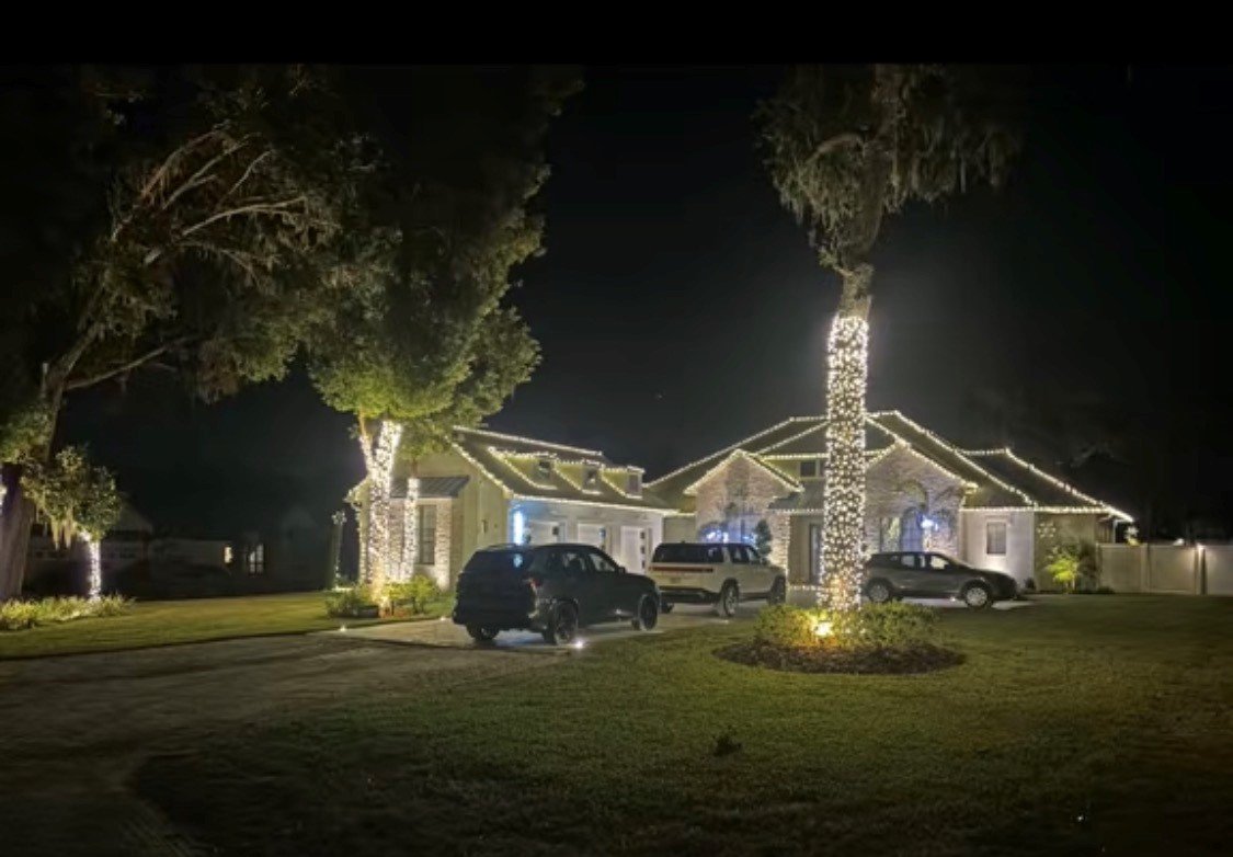 Permanent outdoor lighting with illuminated palm trees, roofline lighting, and landscape accent lighting on a Florida home.