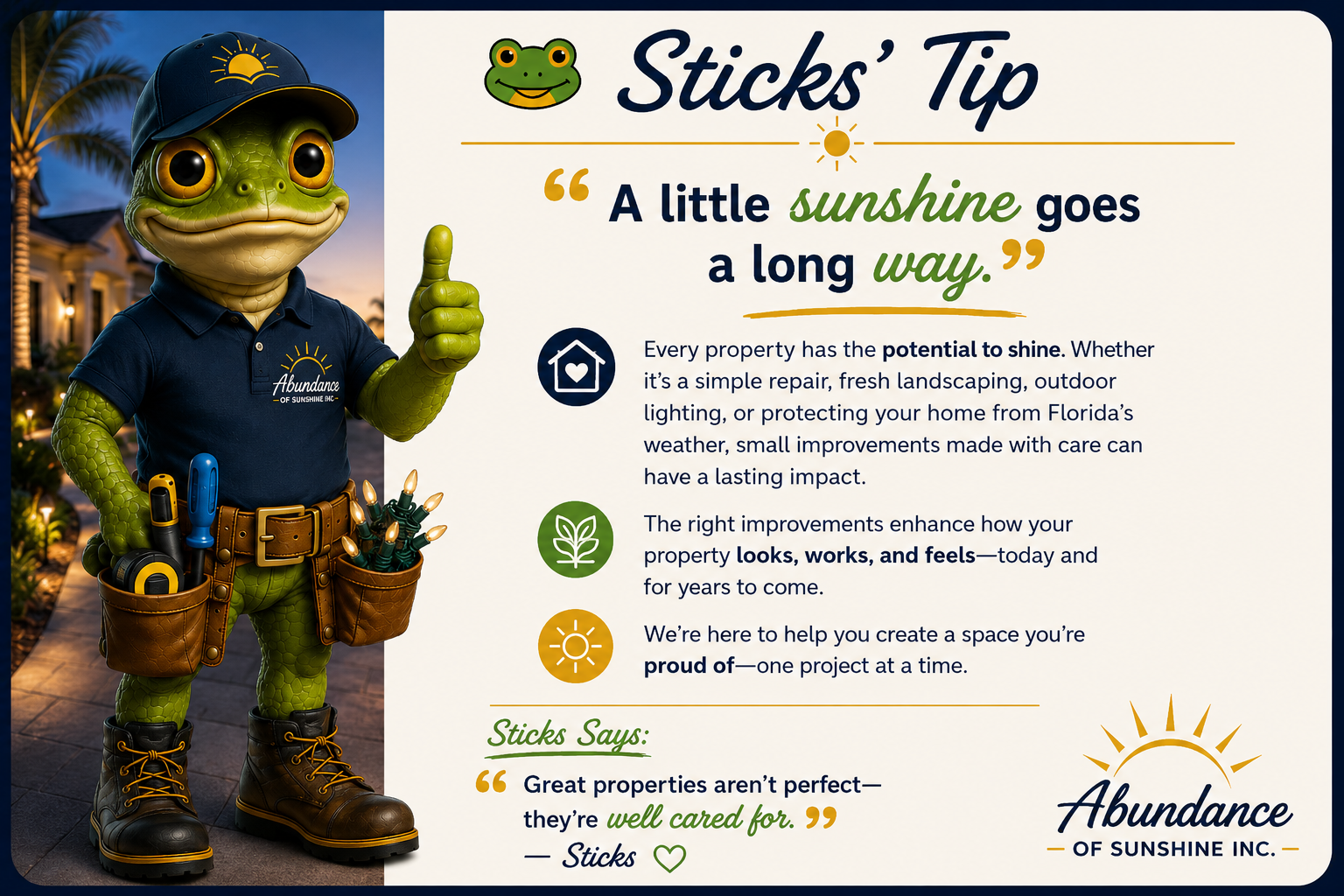 Sticks beside a Florida home maintenance tips graphic at sunset.