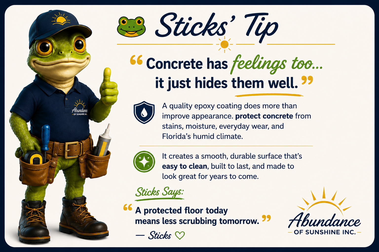 Sticks beside epoxy flooring tips from Abundance of Sunshine Inc.