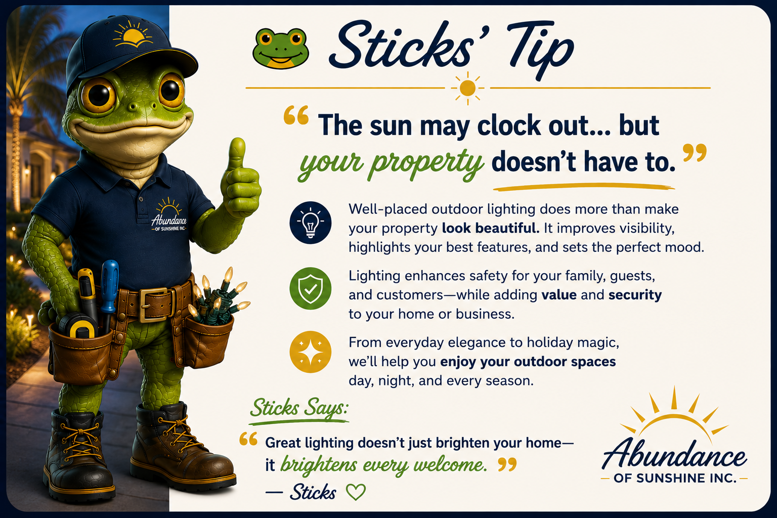 Sticks beside outdoor lighting tips with a lit Florida home at dusk.