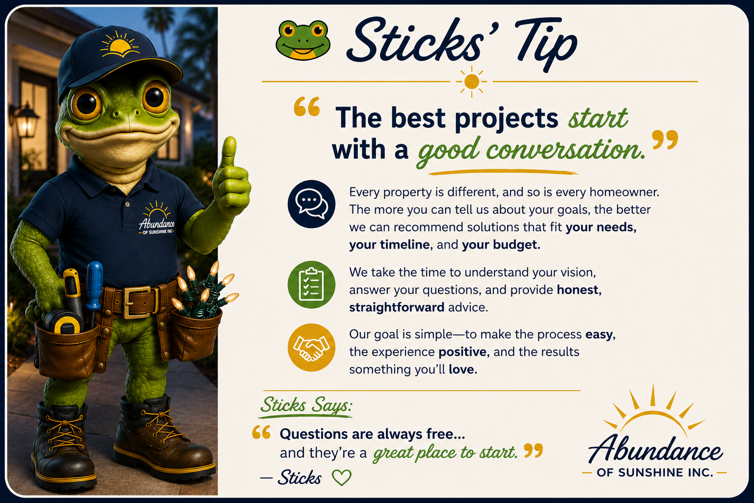 Sticks, the green frog mascot, beside Abundance of Sunshine project communication tips.