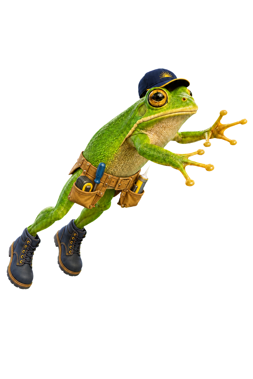 Slick, the Abundance of Sunshine Inc. frog mascot, wearing a work hat, tool belt, and boots on the custom 404 page.