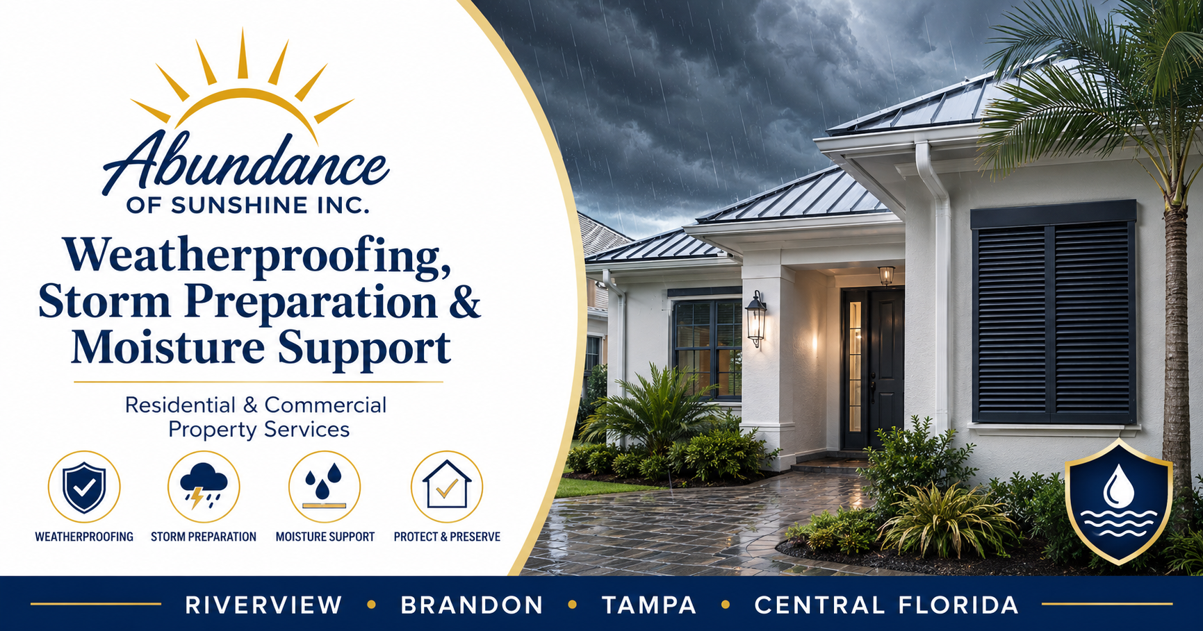 An advertisement for Abundance of Sunshine Inc. featuring a house with a rainstorm in the background. The ad highlights weatherproofing, storm preparation, and moisture support services for residential and commercial properties, with icons representing each service, and locations listed as Riverview, Brandon, Tampa, and Central Florida.