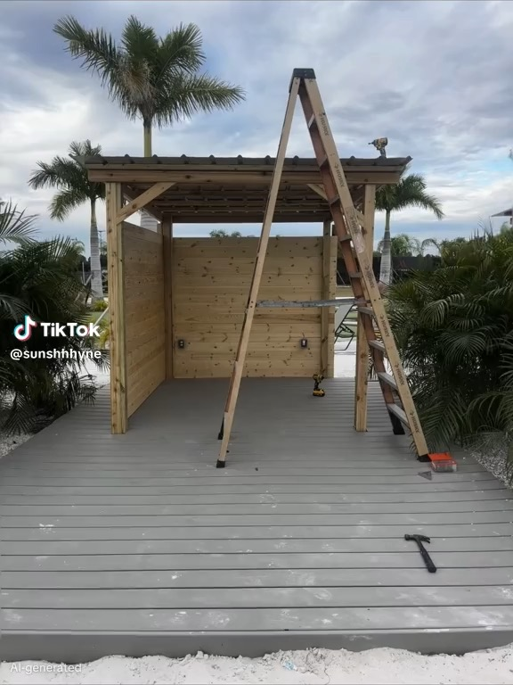 Beachfront cabana construction in the St. Petersburg–Clearwater area by Abundance of Sunshine Inc., showing installation of the wood walls and roof over the completed framing.