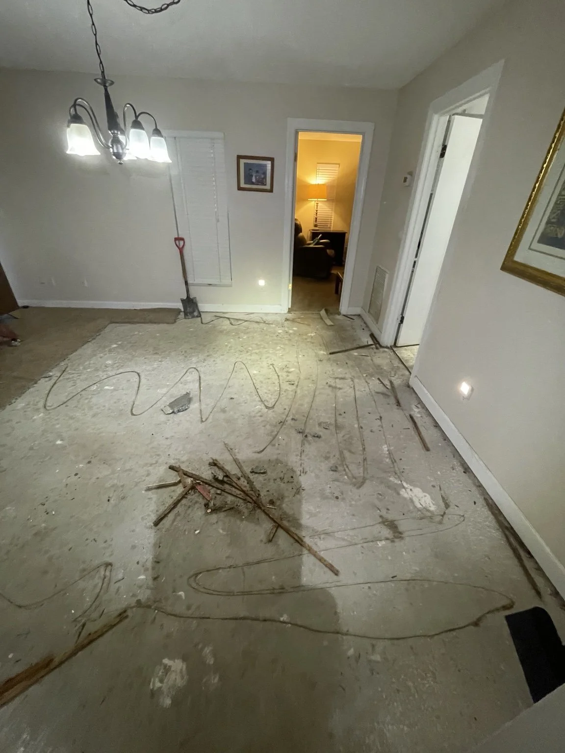 Flooring replacement in progress at a Tampa home by Abundance of Sunshine Inc. The existing flooring was removed and the subfloor was prepared and leveled before installation of the new wood flooring.