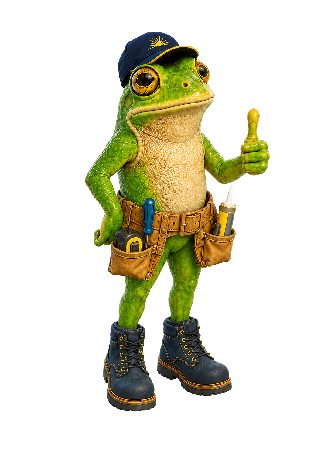 Sticks, the green frog mascot, in work gear giving a thumbs-up.