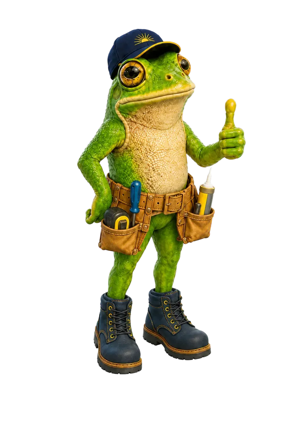 Sticks, the green frog mascot, wearing a navy cap, work boots, and tool belt while giving a thumbs-up.