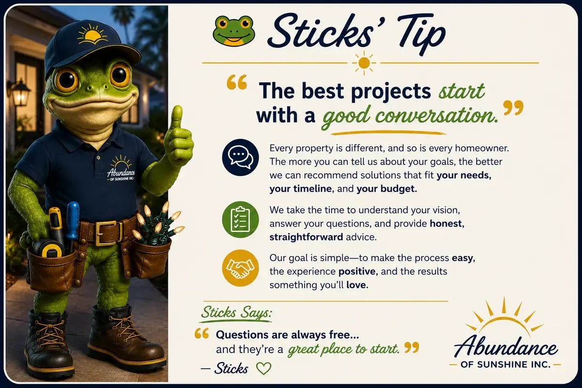 Sticks, the green frog mascot, beside Abundance of Sunshine project communication tips.