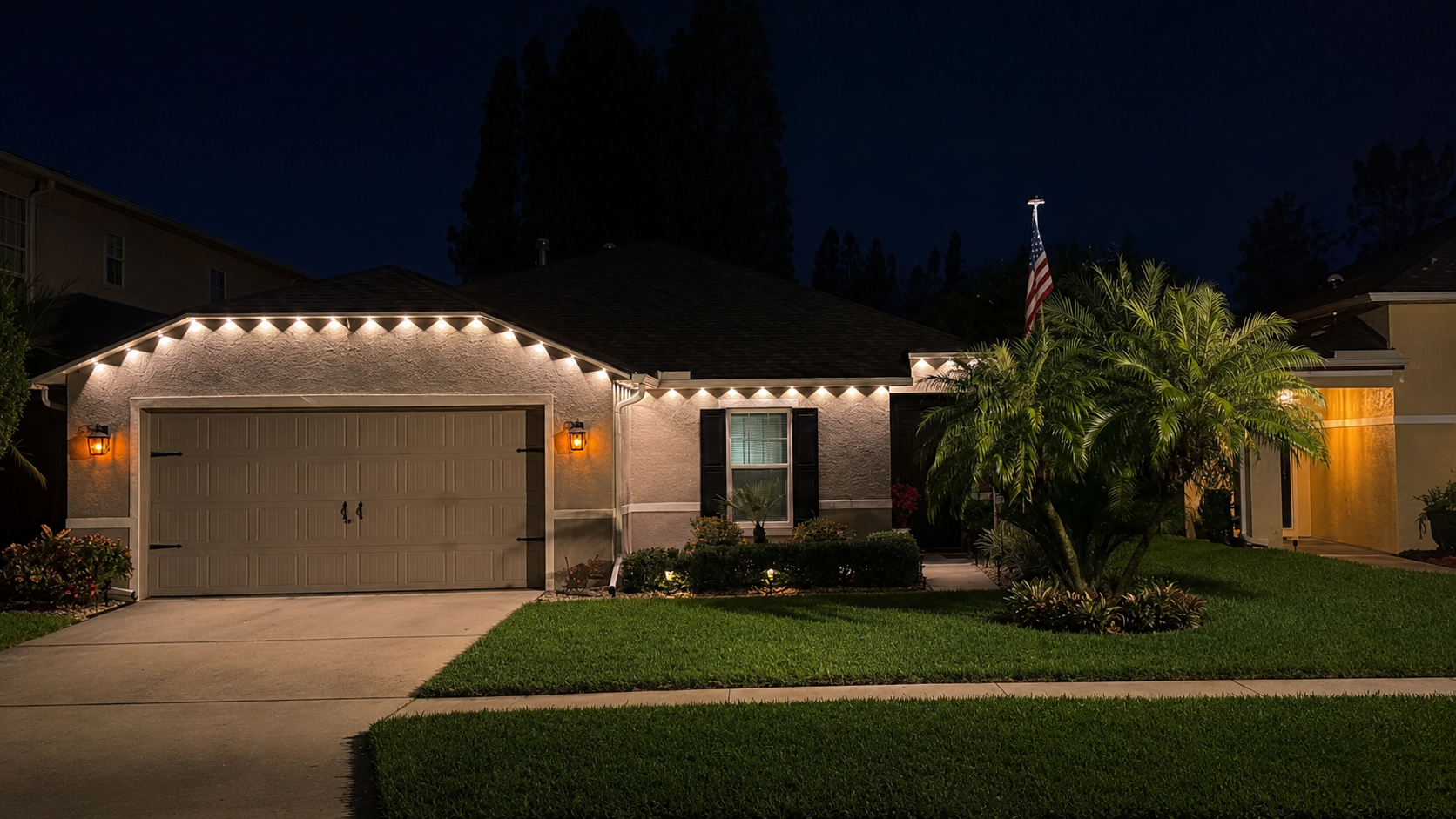 Permanent outdoor lighting installed on a Florida home featuring architectural roofline lighting and enhanced nighttime curb appeal.