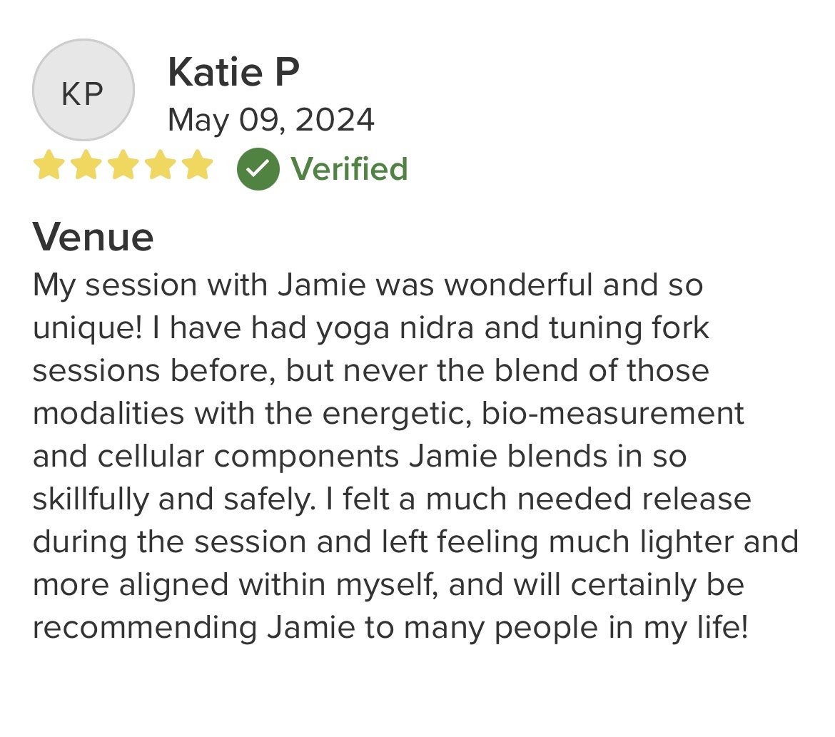 Review from Katie P on May 9, 2024, praising a session with Jamie, mentioning positive experiences with yoga nidra and tuning fork sessions, and recommending Jamie.