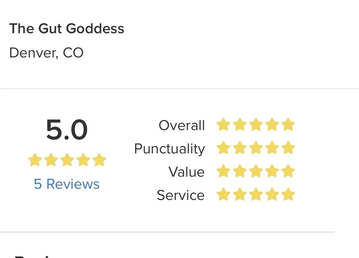 Review summary for The Gut Goddess in Denver, Colorado, showing a 5-star rating based on 5 reviews, with high marks for overall quality, punctuality, value, and service.