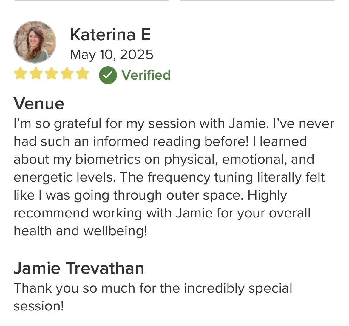 A customer review with a profile picture of a woman, five gold stars, and a green verified checkmark. The review is dated May 10, 2025, and mentions a positive experience with a session with Jamie, discussing benefits on physical, emotional, and ener