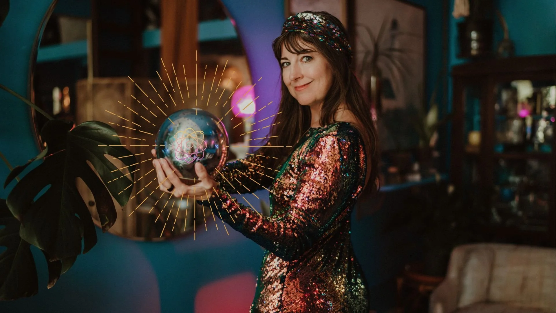 A woman with long dark hair, wearing a colorful sequined dress and a headband, holding a glowing orb with a globe and atomic symbols, surrounded by visual effects resembling sparks in an indoor setting.