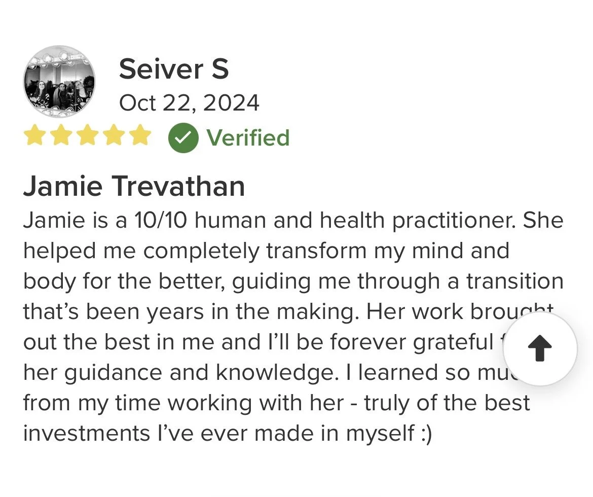 Review by Seiver S for Jamie Trevathan, dated October 22, 2024, with a five-star rating and verified badge. The review praises Jamie as a highly effective human and health practitioner who helped transform the reviewer's mind and body, guiding them t